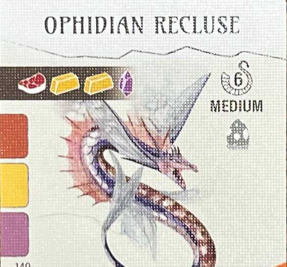 Wyrmspan dragon card showing the Ophidian Recluse which costs 1 meat, 2 gold bars and 1 crystal