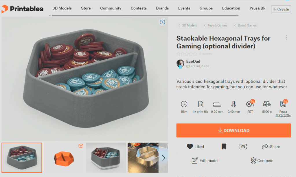 Printable site screenshot of Stackable Hexagonal Trays for Gaming (optional dividers)