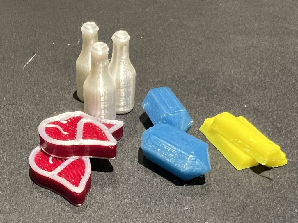 3d printed tokens for Wyrmspan - 3 meat, 3 milk bottles, 2 crystals & 3 gold bars